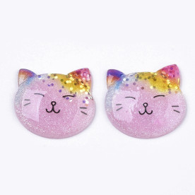 Кабошон с глиттером, Котик, 1 шт, розовый, 25,5x27,5x5 мм