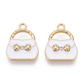 Подвеска с эмалью и кристаллами Сумочка белая, светлое золото, 19х16 мм, 1 шт.