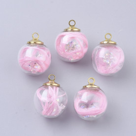 Стеклянная подвеска, Розовый шар с пером, 1 шт, 20x16 мм, отверстие 2 мм