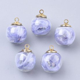 Стеклянная подвеска, Лавандовый шар с пером, 1 шт, 20x16 мм, отверстие 2 мм