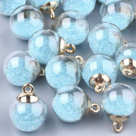 Скляна підвіска, Блакитна куля з бісером, 1 шт, 21x16 мм, отвір 2 мм
