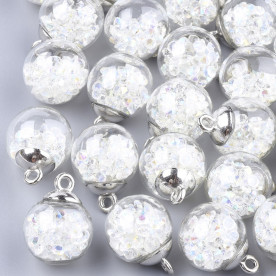 Скляна підвіска, Біла куля зі стразами, 1 шт, 21x16 мм, отвір 2 мм