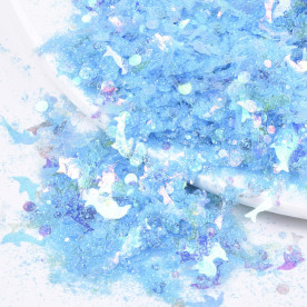 Набор декора пайетки, стружка, Дельфины и разные формы, цвет голубой, 1-5 мм, около 20 грамм