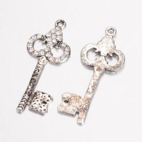 Подвеска со стразами, Ключ, 1 шт, античное серебро, 45x18x2 мм