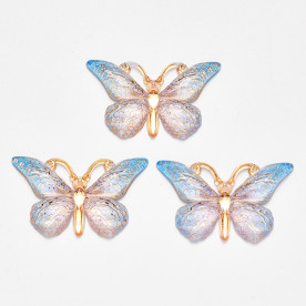 Кабошон напівпрозорий, Блакитний метелик з золотом, 1 шт, 28x38 мм