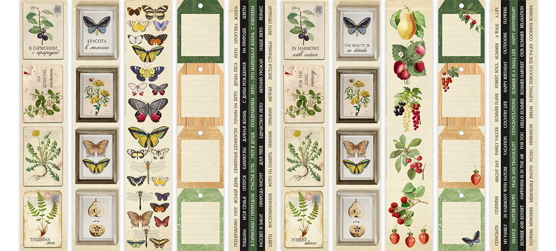 Набор полос с картинками для декорирования, Summer botanical diary, 5 шт, 200 г/м2, 5х30,5 см, Фабрика Декора