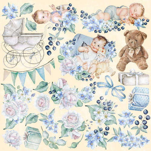 Лист с картинками для вырезания Shabby Baby Boy 20х20 см, Фабрика Декора