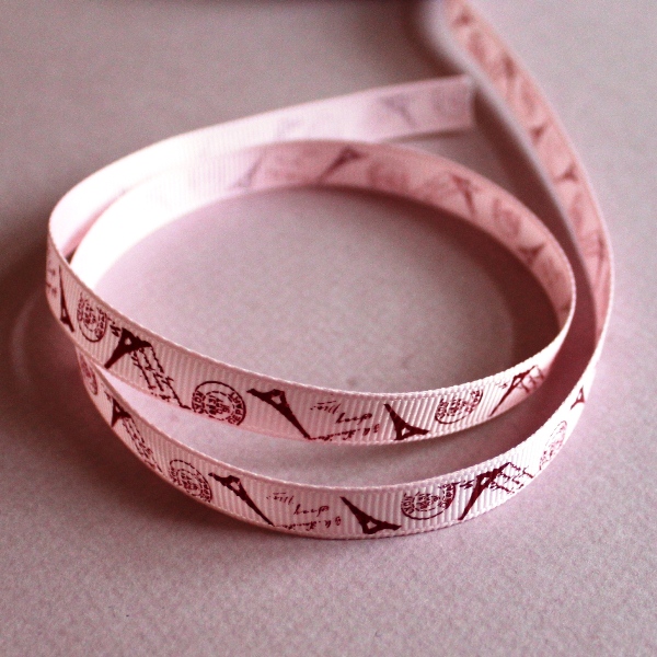 Репсовая лента розового цвета с принтом "Париж", ширина 10 мм, длина 90 см