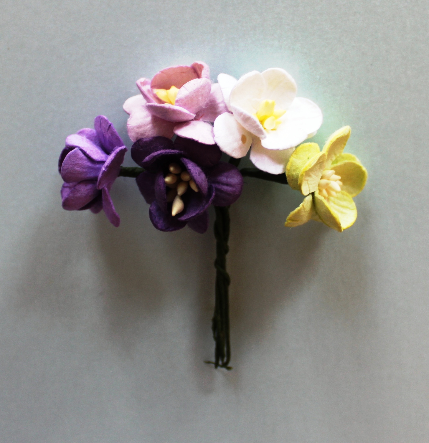 Набор  декоративных цветков вишни в разных тонах фиолетово-зелёного цвета 5 шт.