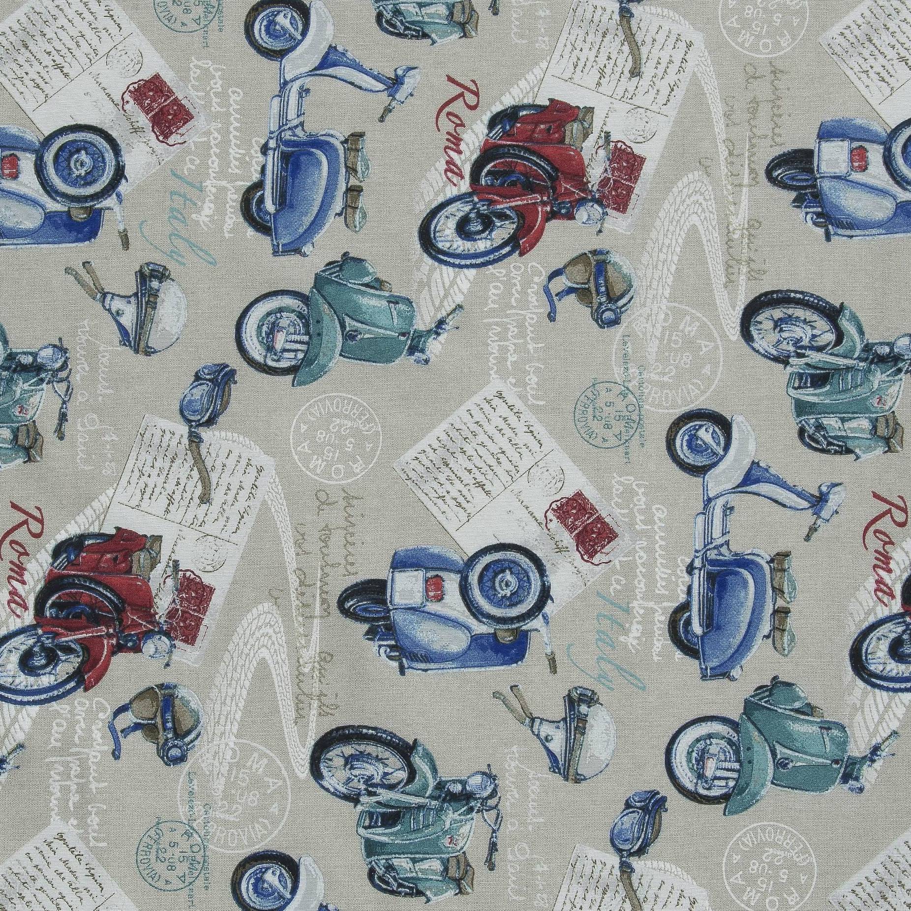 Декоративна тканина Веспа, мотоцикли, бавовна 70%, 157г / м, 50x70 см