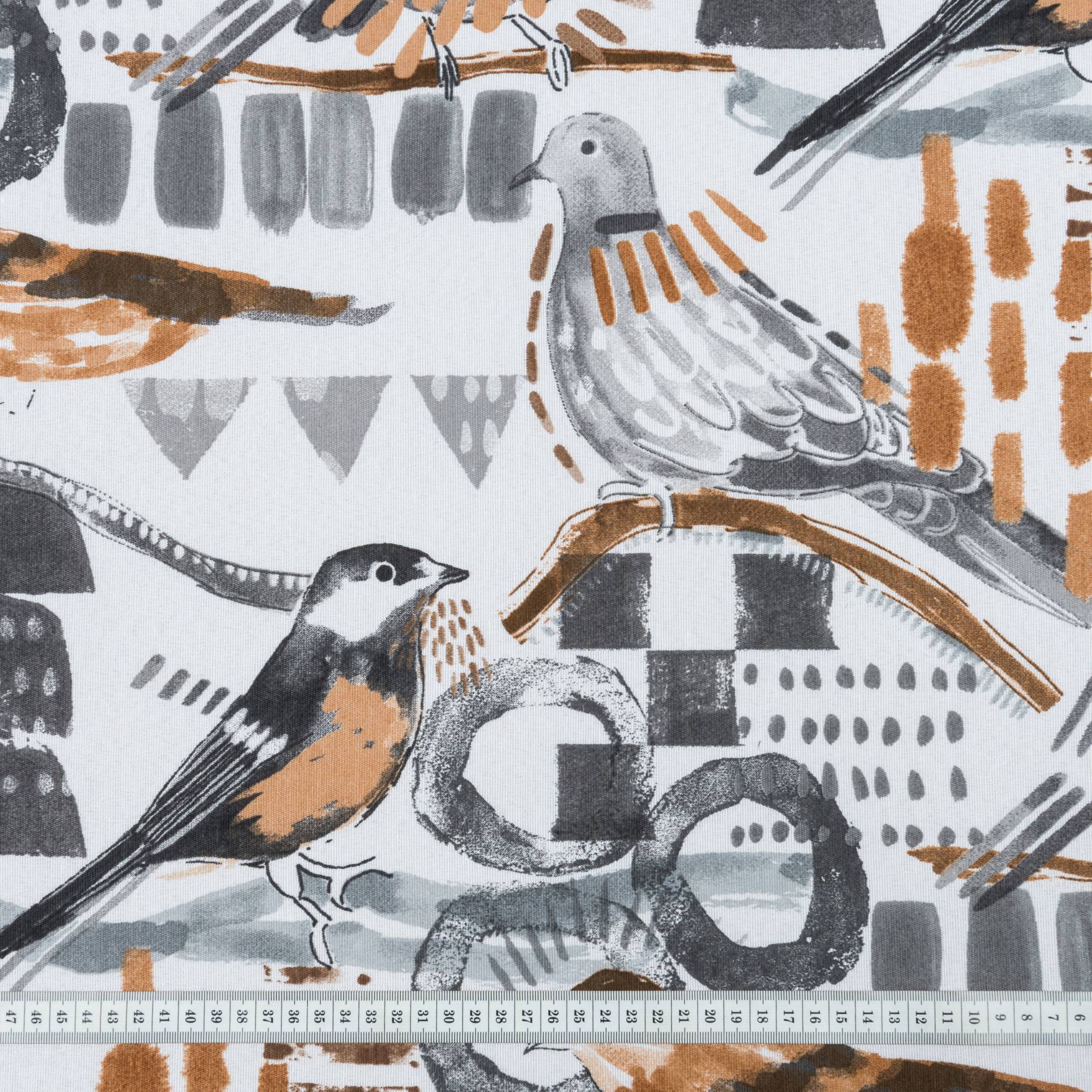 Декоративная ткань лонета, Канарио птички, серый, коричневый, хлопок 70%, 50х70 см, 154 г/м²