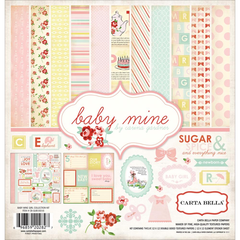 Набор бумаги "Baby Mine/Girl", 30х30 см, 12 листов + наклейки от Carta Bella