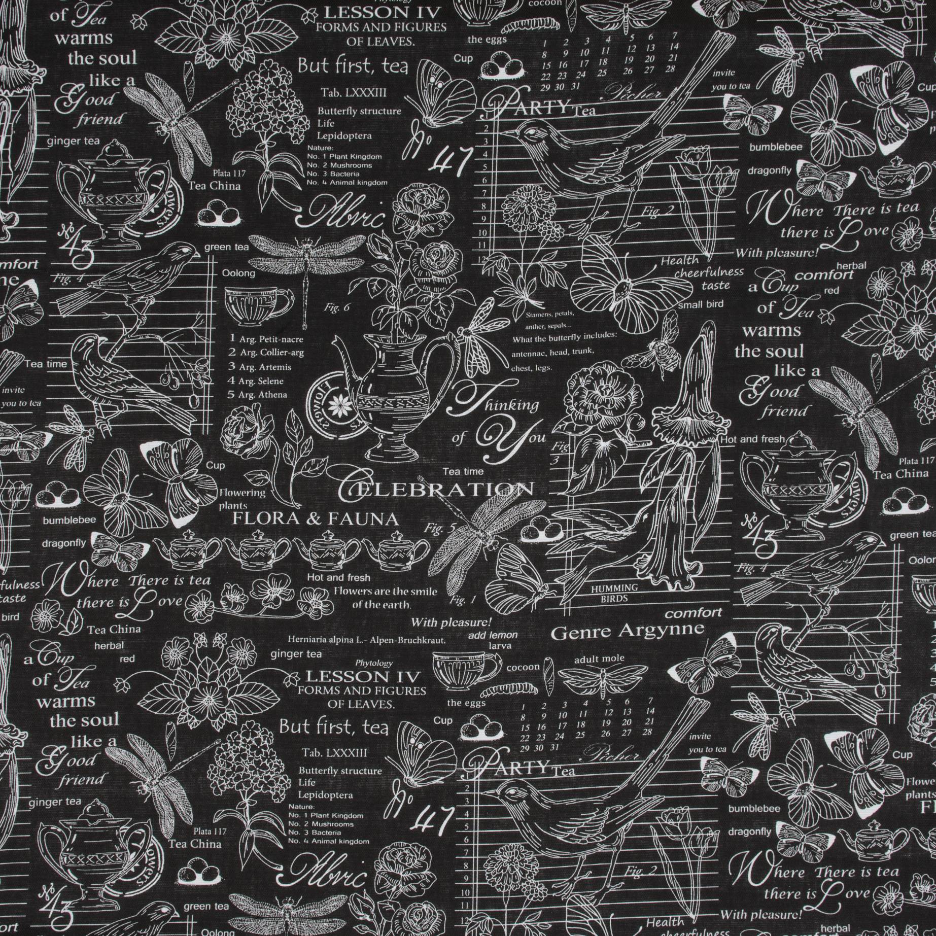 Ткань рогожка, Flora and Fauna, 100% хлопок, черный, 163 г/м2, 50x50 см