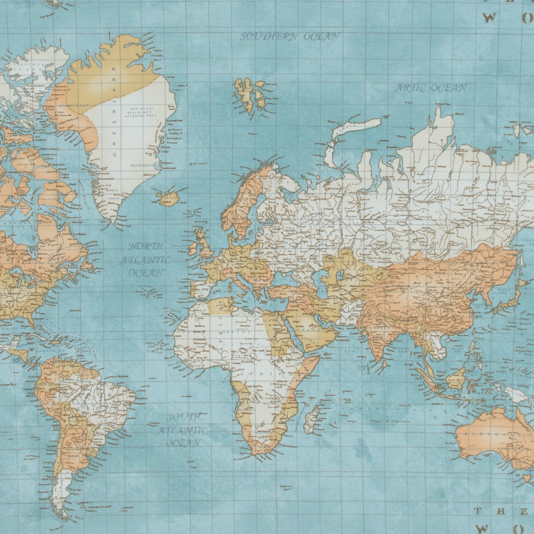 Декоративная ткань Карта мира, бирюзовый, хлопок 70%, 50х70 см, плотность 160