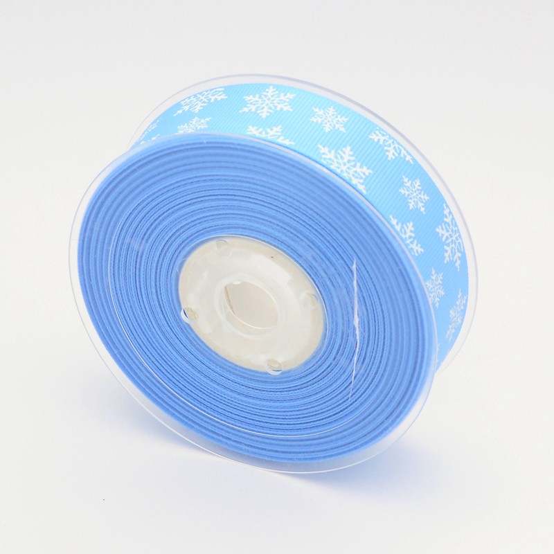 Репсова блакитна стрічка з принтом Сніжинки, 90 см, 25 мм