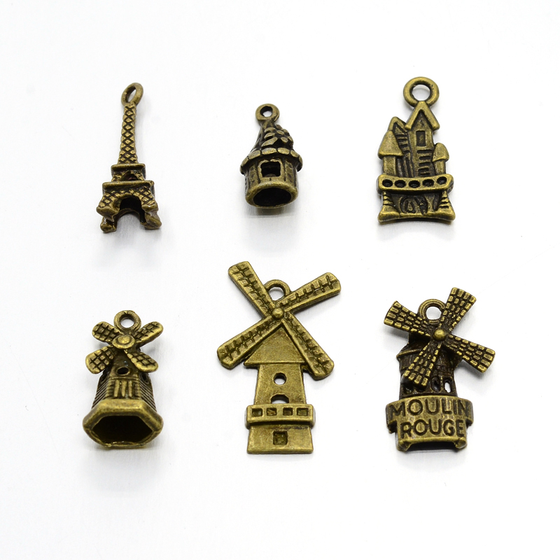 Набір підвісок Будинки, антична бронза, 6 шт.