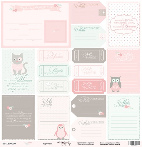 Лист односторонней бумаги 30x30 Карточки из коллекции Baby Girl от Scrapmir