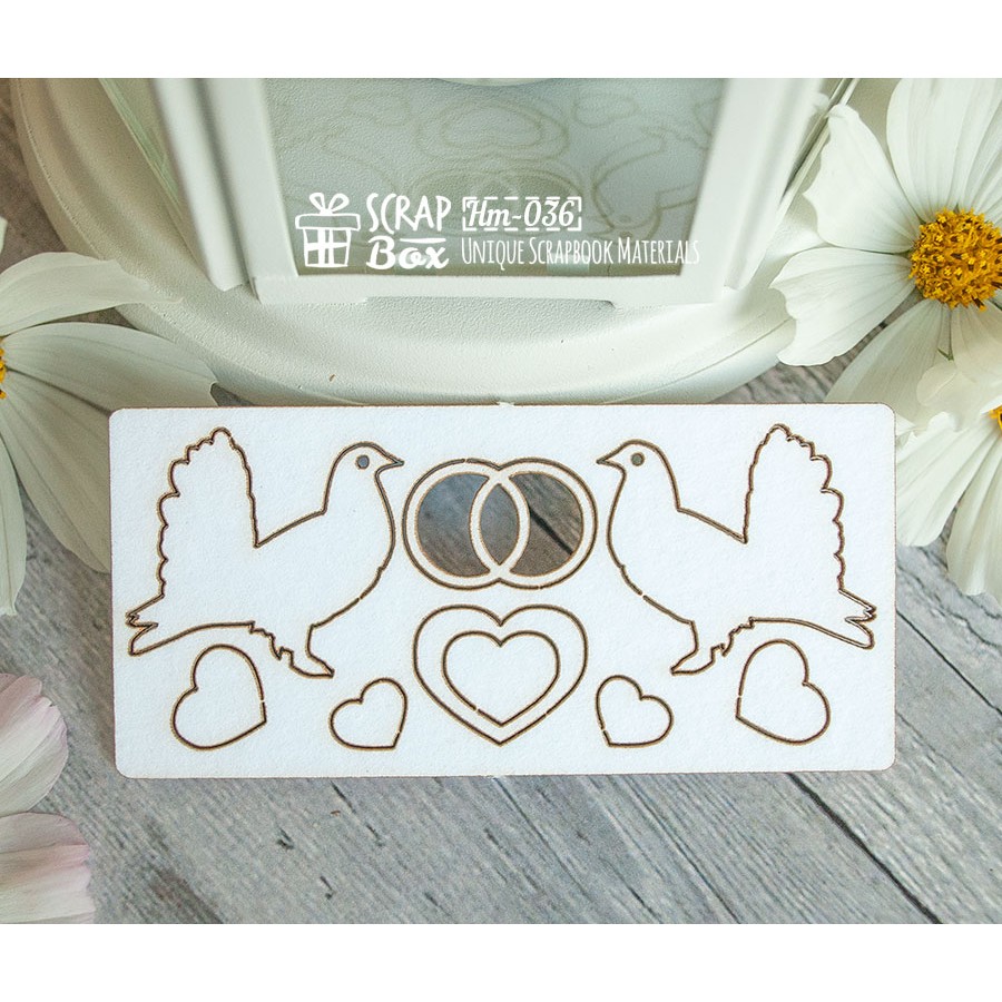 Чипборд набор свадебные голуби с обручальными кольцами, 82x75мм, Scrapbox