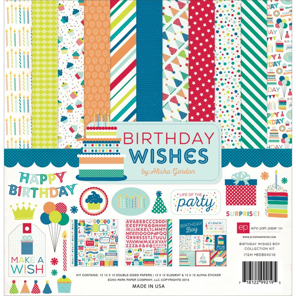 Набір паперу Birthday Wishes Boy 30х30 см, 12 аркушів + наклейки від Echo Park