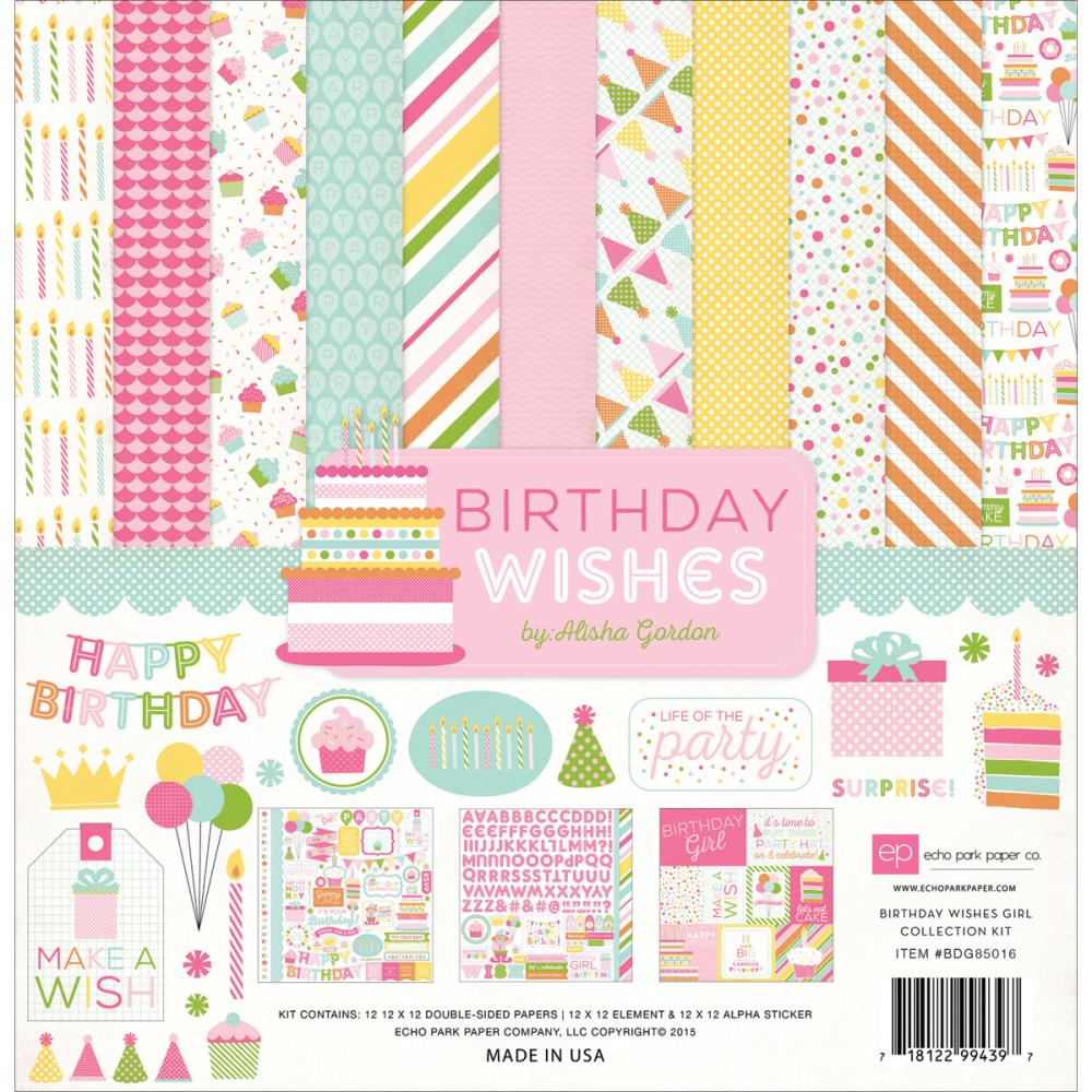 Набір паперу Birthday Wishes Girl 30х30 см, 12 аркушів + наклейки від Echo Park