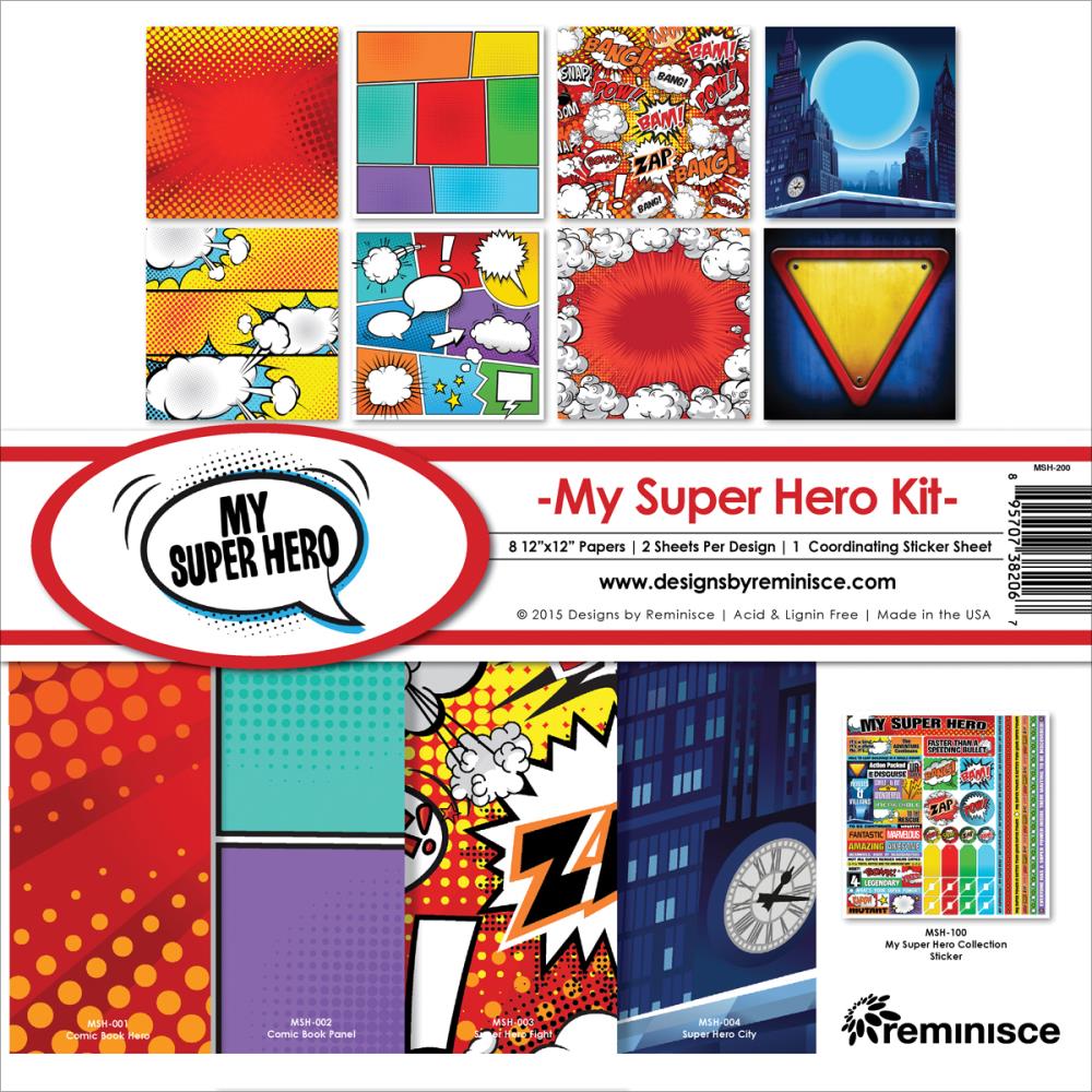 Набор бумаги My Super Hero, 30*30 см , 8 листов+лист с наклейками от Reminisce