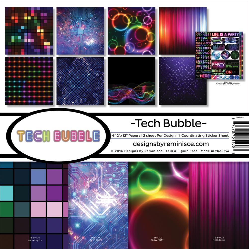 Набор бумаги Tech Bubble, 30*30 см , 8 листов+лист с наклейками от Reminisce