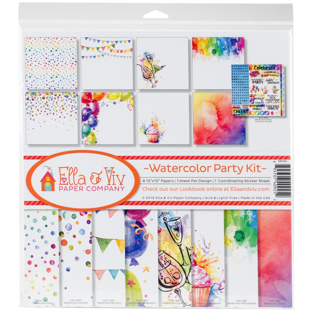Набір одностороннього паперу Watercolor Party, 8 листів + ​​наклейки від Ella And Viv