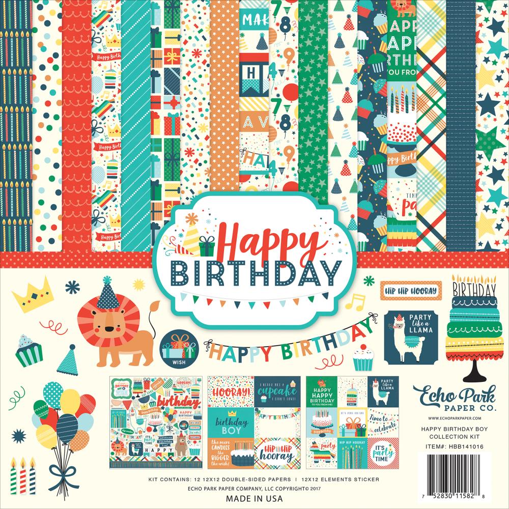 Набір скраппаперу Happy Birthday Boy 30х30 12 аркушів + наклейки Echo Park