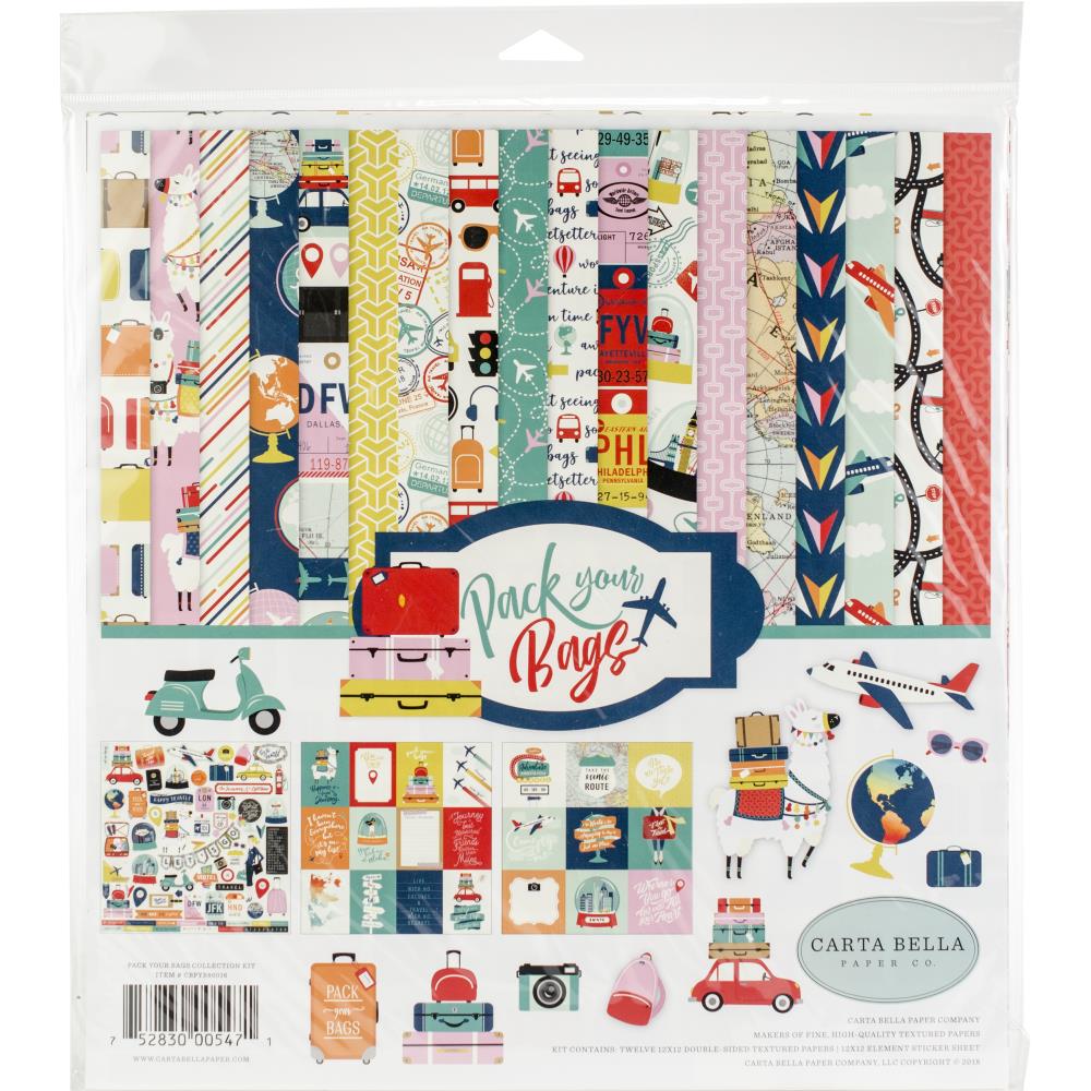 Набор скрапбумаги Pack your Bags 12 л. 30х30 + наклейки Carta Bella