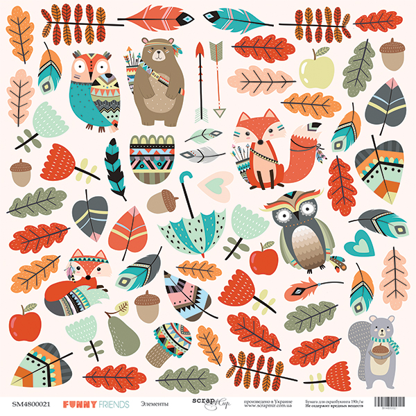 Лист одностороннього паперу, 30x30 см, Елементи, Funny Friends, Scrapmir