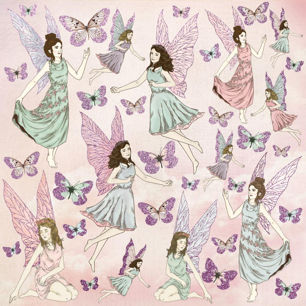 Скраппапір 30х30 см одностороння з глітером Flutterby, Fairy Garden, 30x30, Kaisercraft