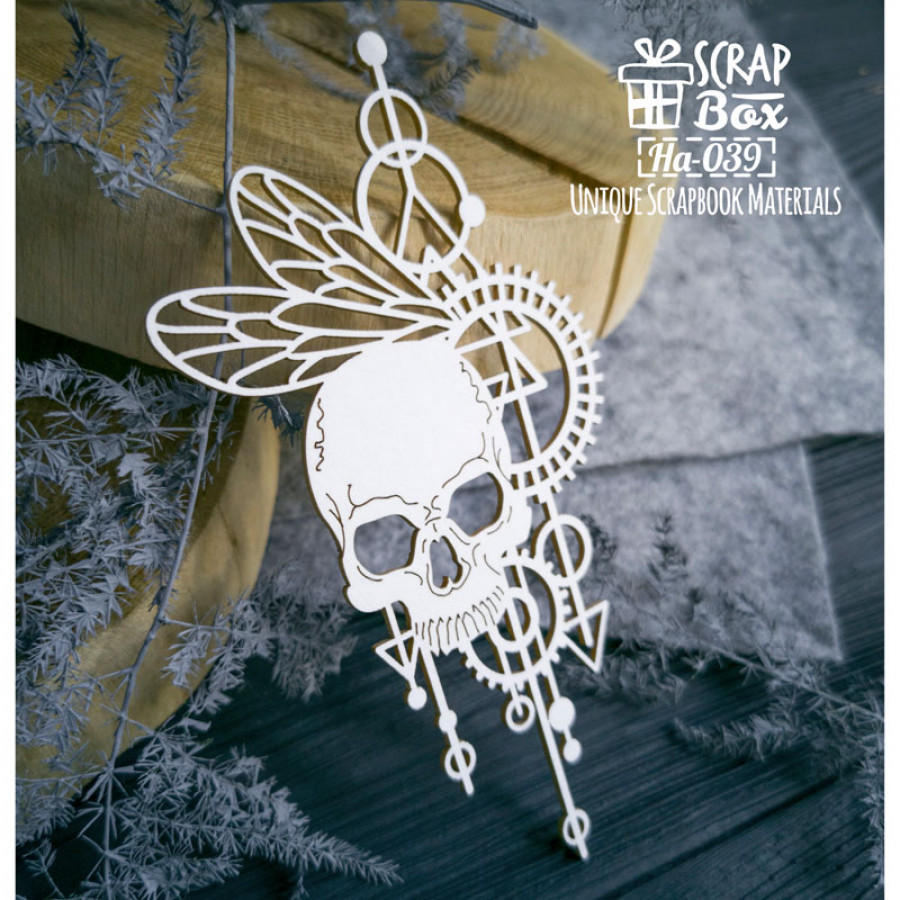 Чипборд вертикальный композиция с черепом и крыльями бабочки, 141х64мм, Scrapbox