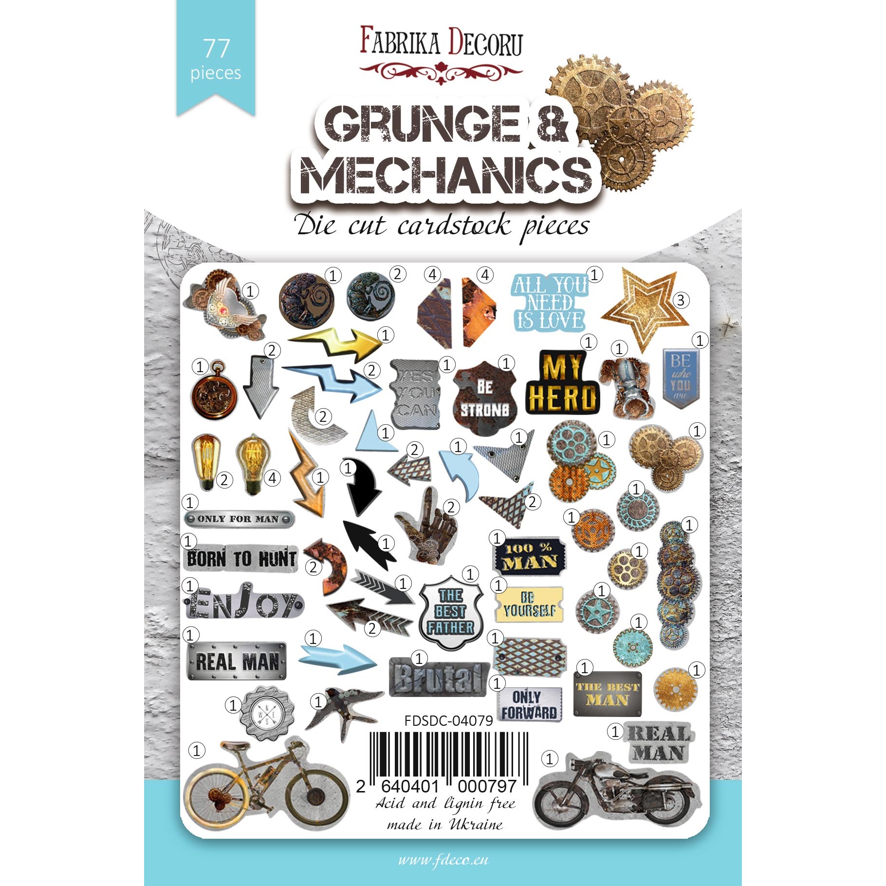 Набор высечек, коллекция Grunge&Mechanics, 77шт, Фабрика Декору
