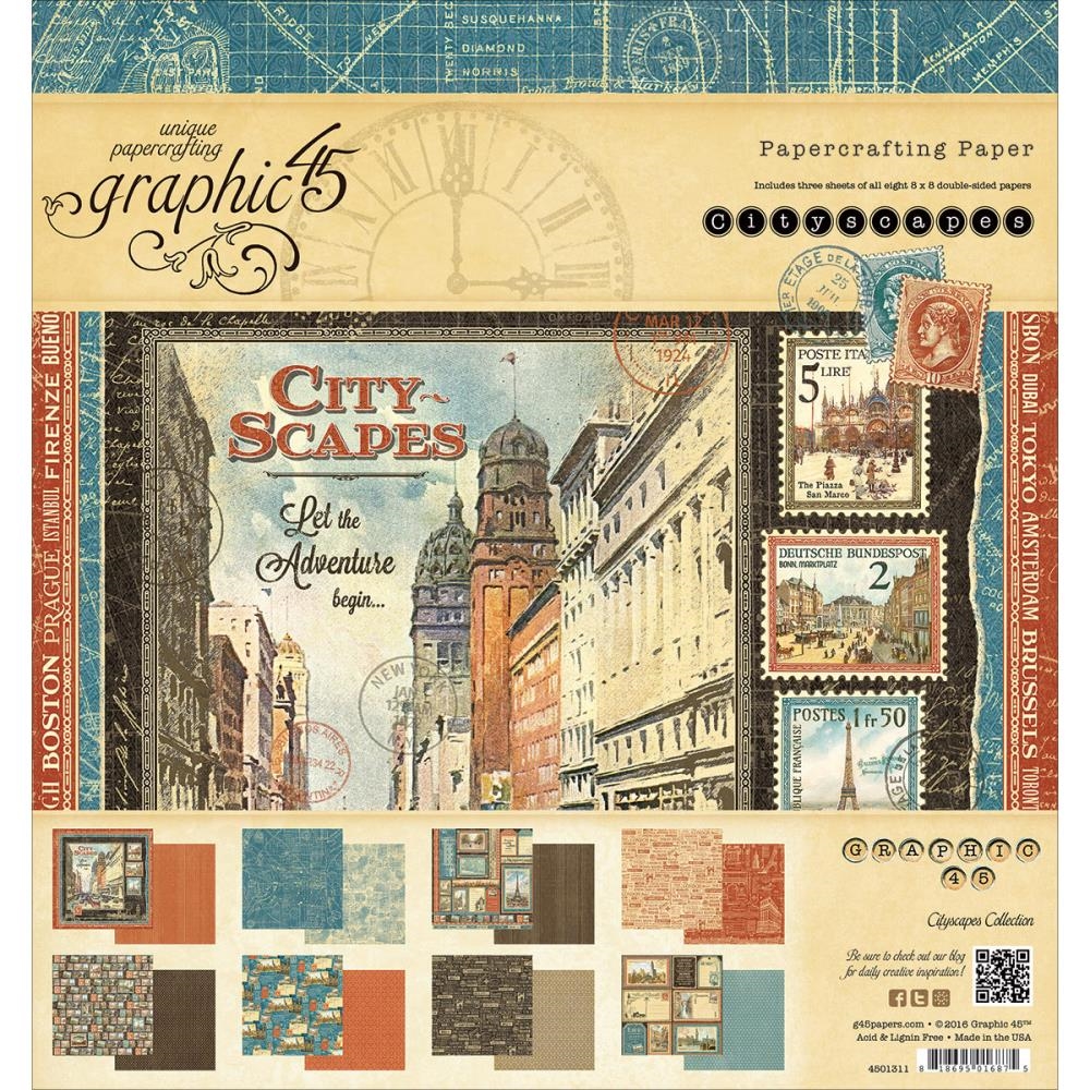 Набір Скрап паперу Cityscapes, 8 листів, 20х20 см, Graphic 45