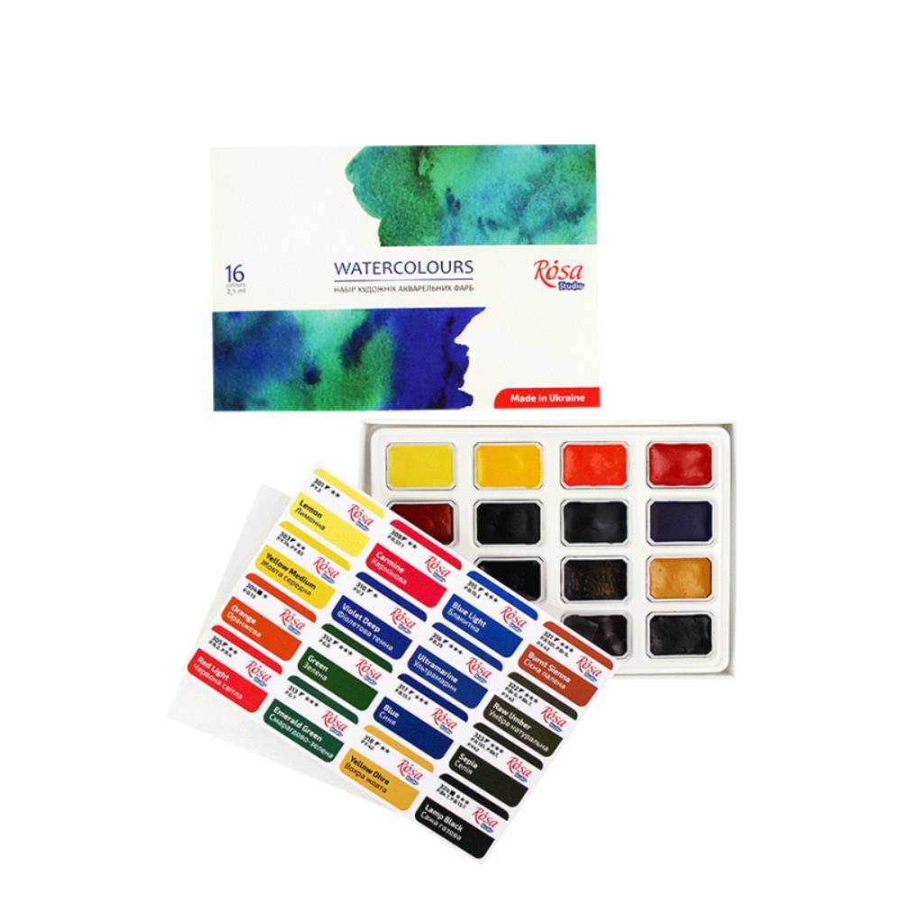Набір акварельних фарб, 16 кольорів, кювета, картон, Rosa Studio