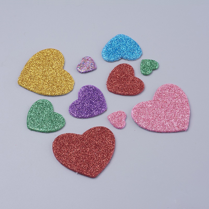 Набір спінених наклейок з гліттером, різноколірні сердечка, 13-48 мм, 37 шт