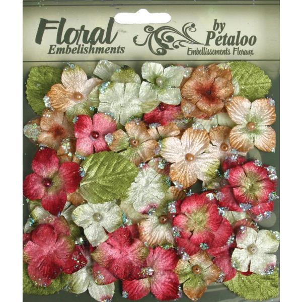 Набор бархатных цветов и листьев Velvet Hydrangeas - Red от Petaloo, 36 шт