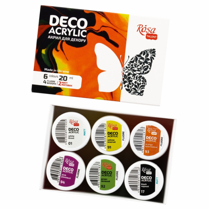 Набор акриловых красок для декора, флуоресцентные, 6х20мл ROSA TALENT