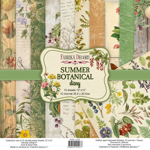 Набір скраппаперу, Summer botanical diary, 10 аркушів, 30,5x30,5 см, Фабрика Декору