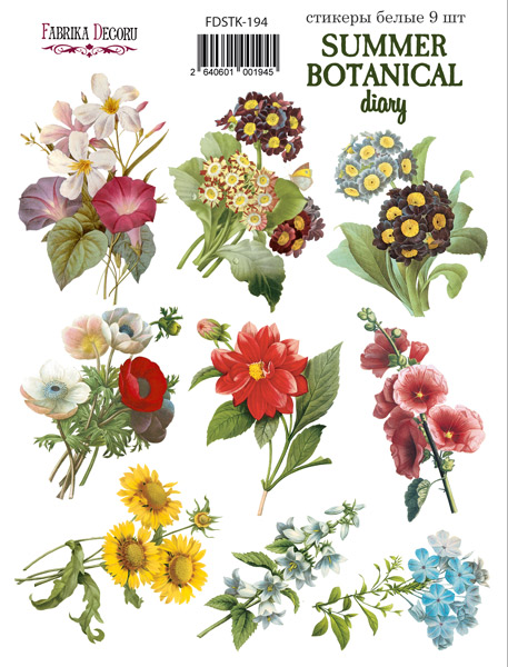 Набір наклейок, стікерів, 9 шт, Summer botanical diary # 194, Фабрика Декору