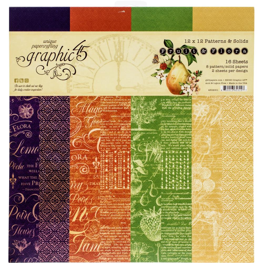 Набір фонового паперу для скрапбукінгу Fruit & Flora, 8 аркушів, 30х30 см, Graphic 45