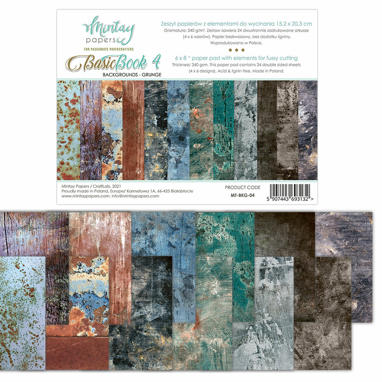 Набір скраппаперу, Basic Book Grunge, 24 аркуша, 240 г/м2, 15х20 см, Mintay Papers