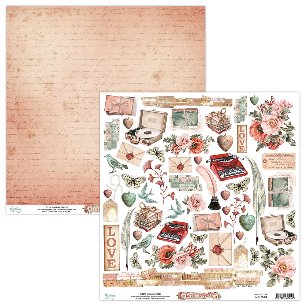 Набор скрапбумаги, Love Letters, 12 листов + бонус, 240 г/м2, 30х30 см, Mintay
