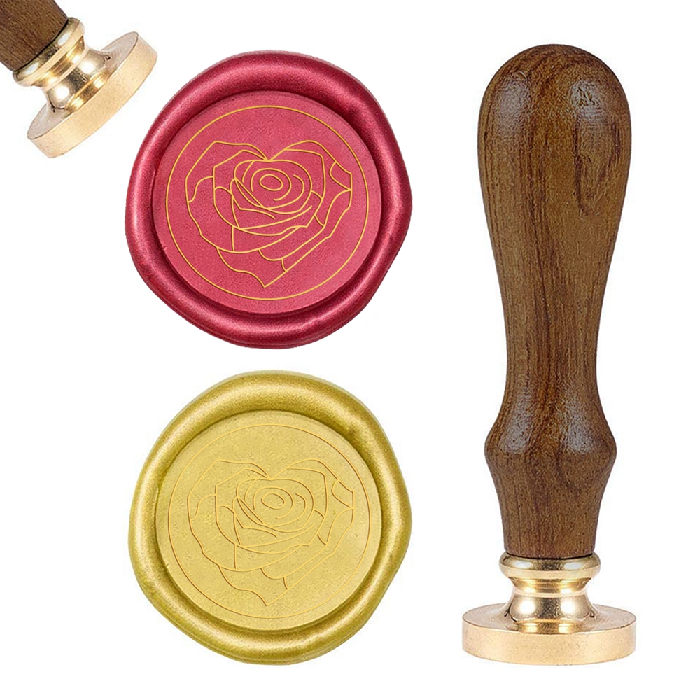 Печатка для сургучу з дерев'яною ручкою 9 см, Троянда в серці, колір золотий, 2,55x1,45 см