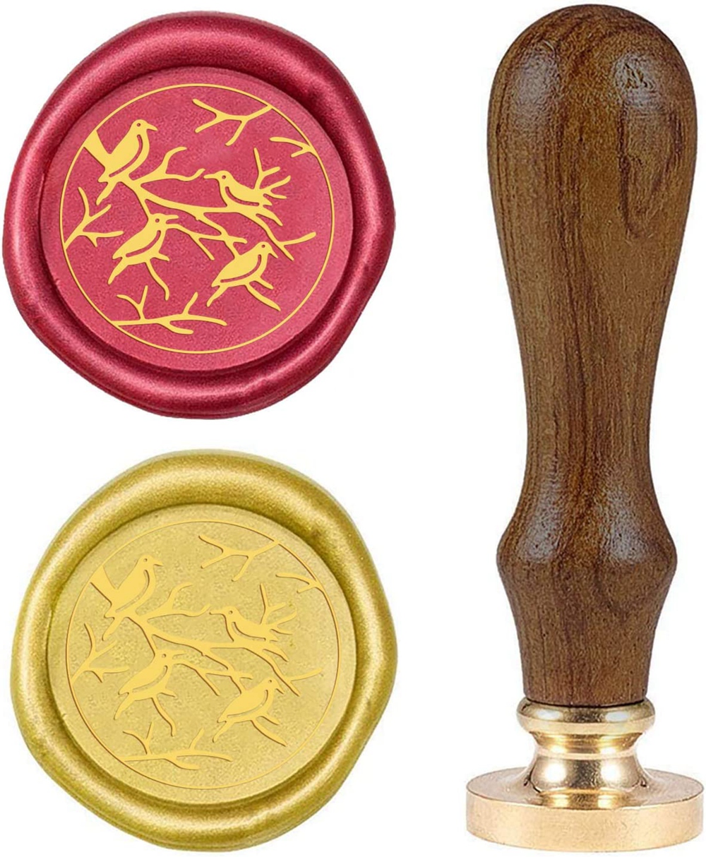 Печатка для сургучу з дерев'яною ручкою 9 см, Паттерн пташки, колір золотий, 2,55x1,45 см