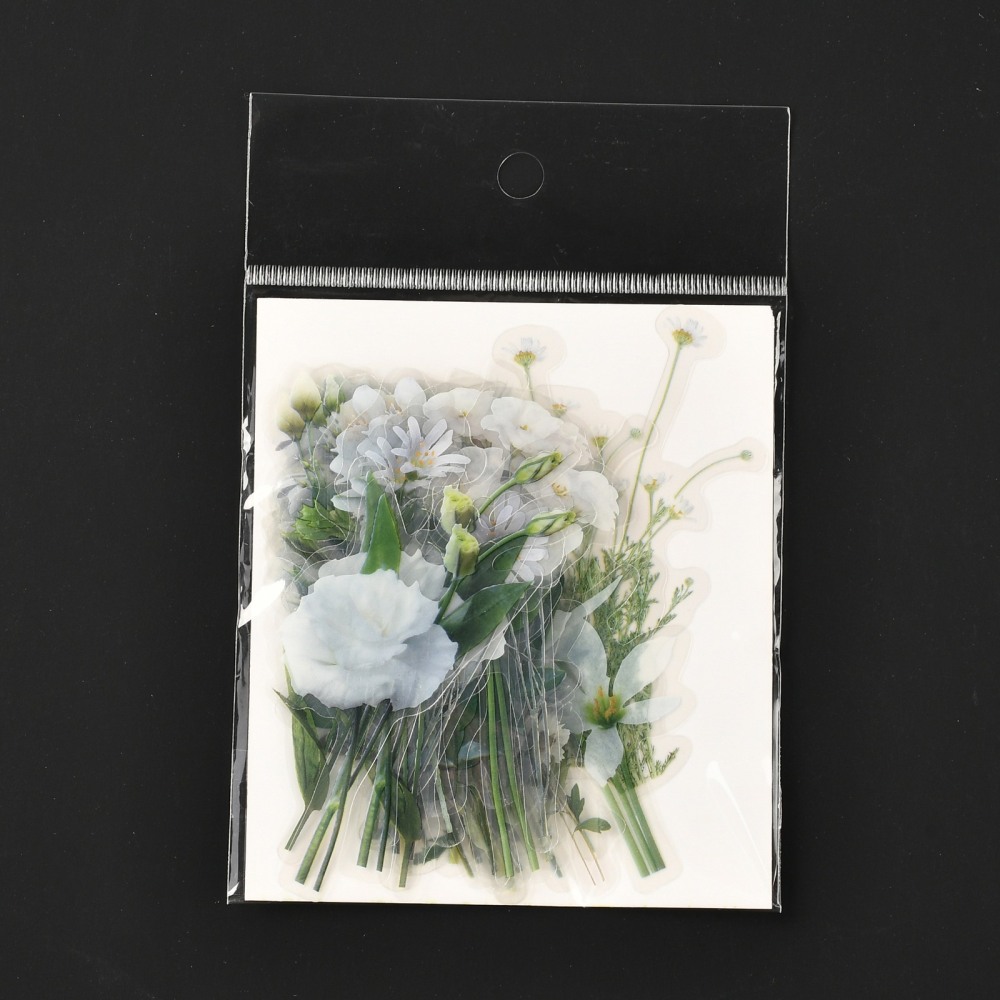Набор наклеек из пленки, Белые цветы, размер 6-9 см, 40 шт