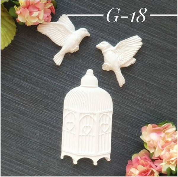 Набор украшений из гипса, Птички и клетка, 3 шт, 40х35 мм, 72х37 мм, Decor Kram