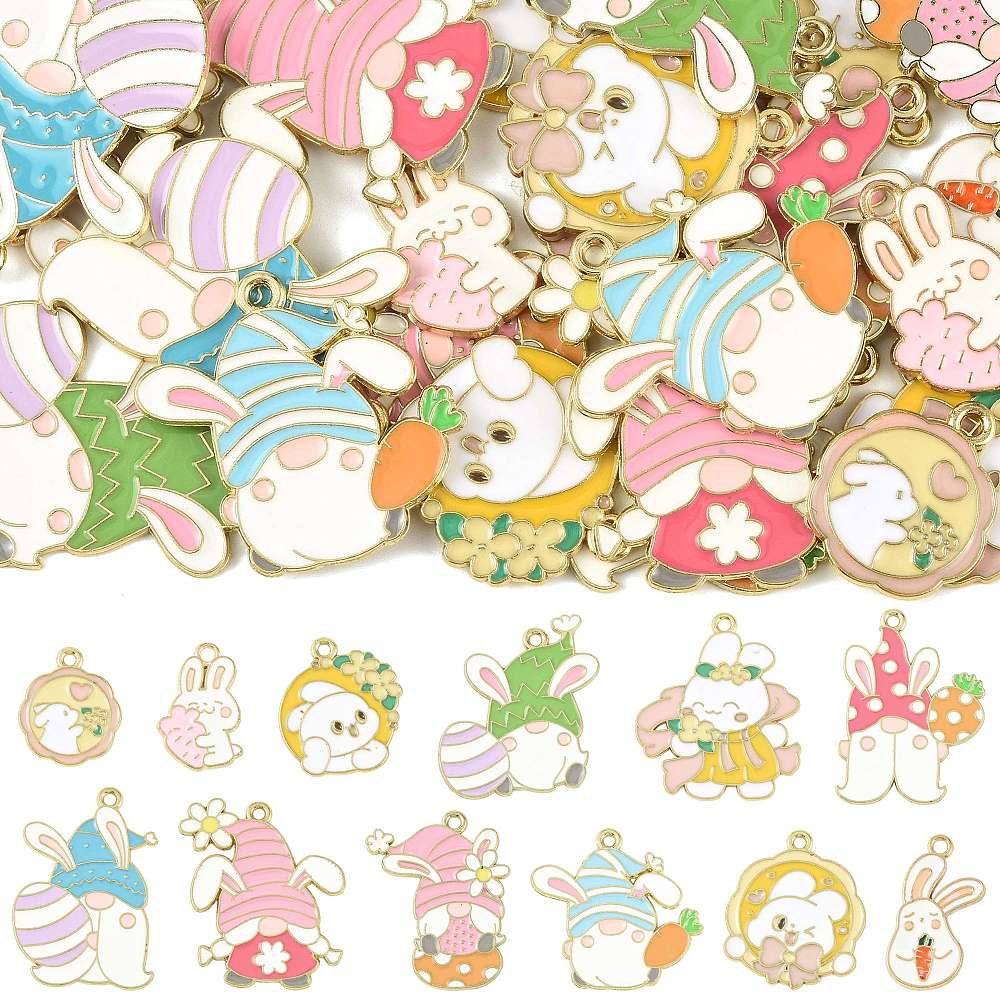 Набор подвесок с эмалью Весенние гномики, светлое золото, 12 штук, 19-33 мм