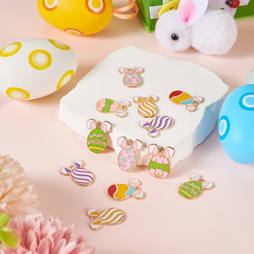 Набор подвесок с эмалью Пасхальные яйца, светлое золото, 6 штук, 17х22 мм