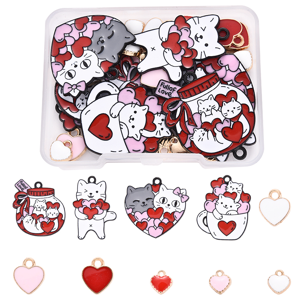 Набір підвісок з емаллю Закохані коти, 19 штук, 10-30 мм